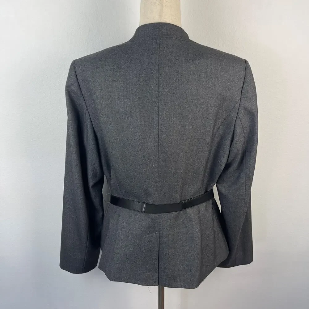 CALVIN KLEIN Gray Single Breasted Black Belt Blazer Jacket Career Women's 14